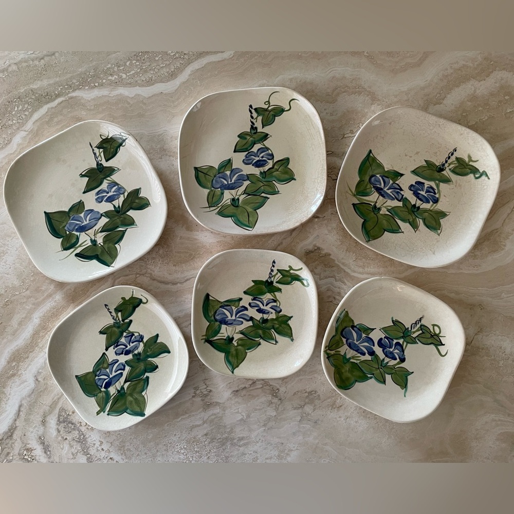 Red Wing VINTAGE 1940s Morning Glory Blue Pottery, 6pc